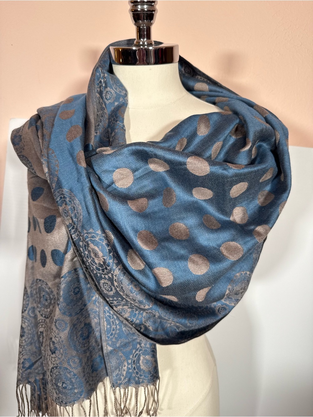 Pashmina slate blue silver taupe polka dot cashmere silk Oversized Wrap Scarf